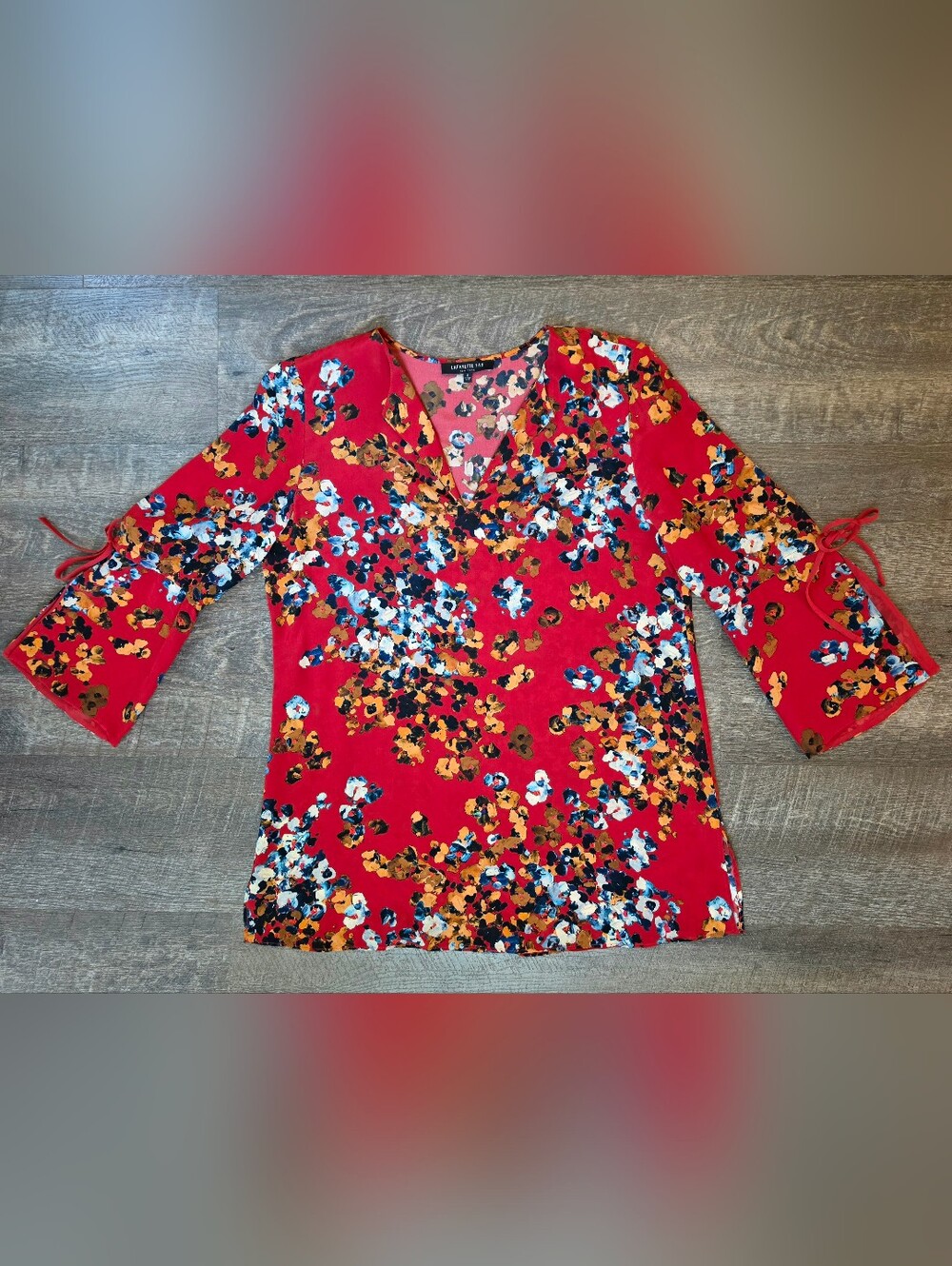 Lafayette 148 New York Sela Floral Print Silk Blouse Womens S Red 3/4 Bell Sleev - Picture 6 of 12
